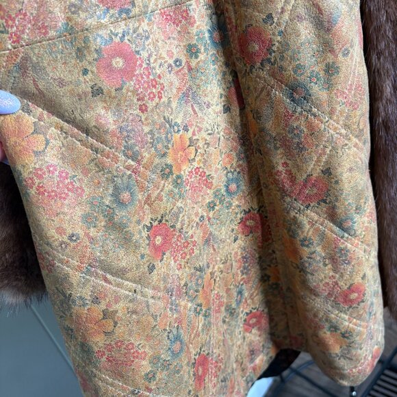Vintage Maple Furriers Fur Collar Leather Swing Coat‎ Floral Brown Boho RARE - Picture 7 of 11